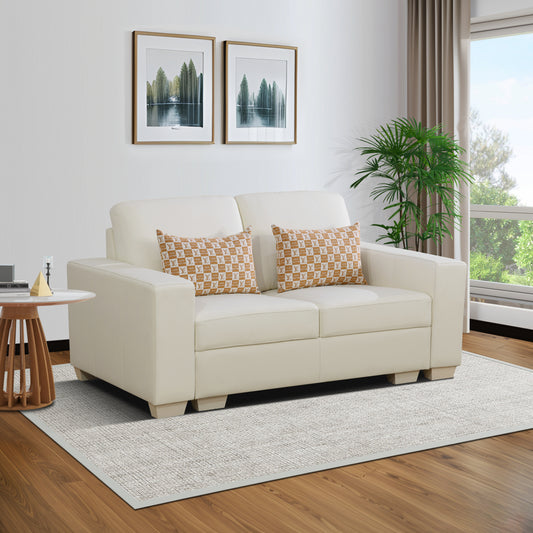 White Genuine Cow Leather Double Armrests 2-Piece Living Room Loveseat Sofa
