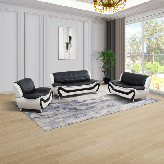 Black & White Faux leather 3-Piece Couch Living Room Sofa Set