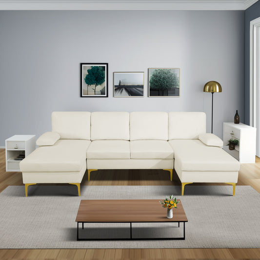 Off-white Fluffy Fabric U-shaped 3-Piece Living Room Sofa set