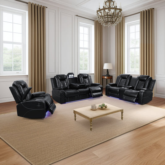 Black Breathing Leather 3-Piece Living Room Recliner Sofa Set