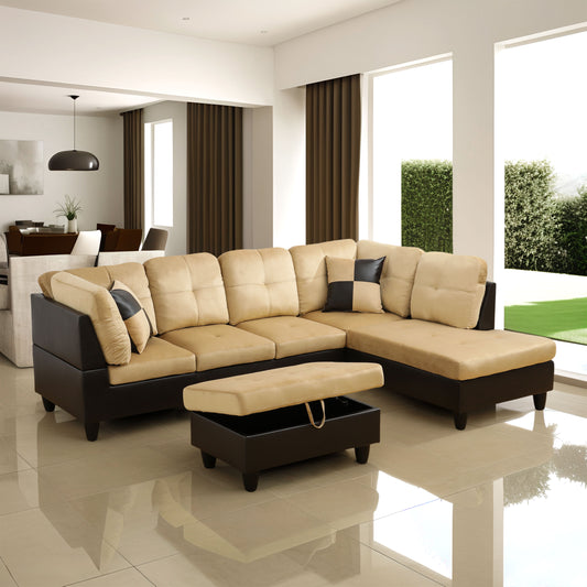 Beige and Brown Color Lint And PVC 3-Piece Couch Living Room Sofa Set