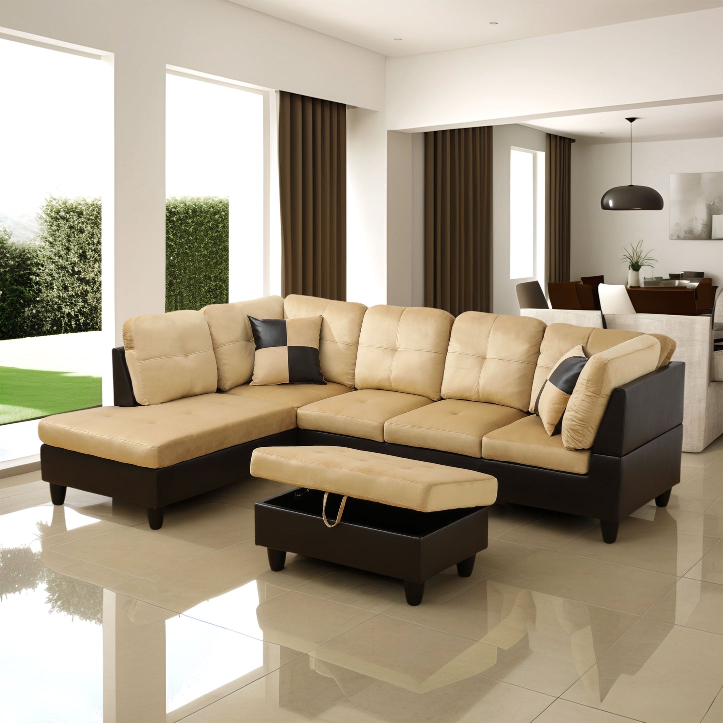 Beige and Brown Color Lint And PVC 3-Piece Couch Living Room Sofa Set