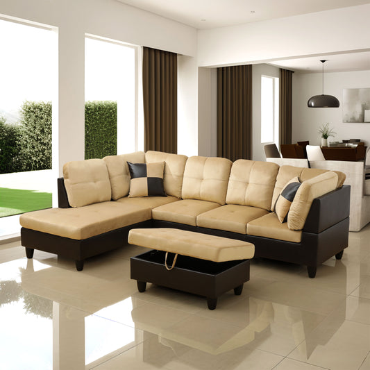 Beige and Brown Color Lint And PVC 3-Piece Couch Living Room Sofa Set