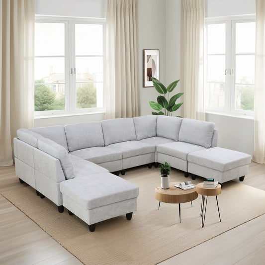 Grey White Flannel 8-Piece Living Room Sofa Set