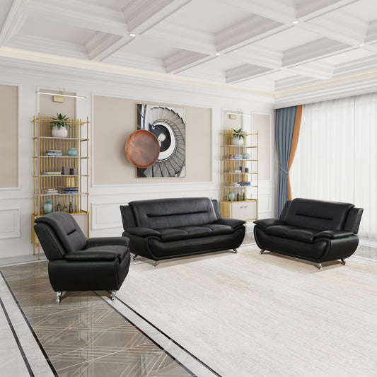 Black Faux Leather 3-Piece Couch Living Room Sofa